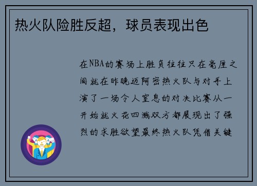 热火队险胜反超，球员表现出色
